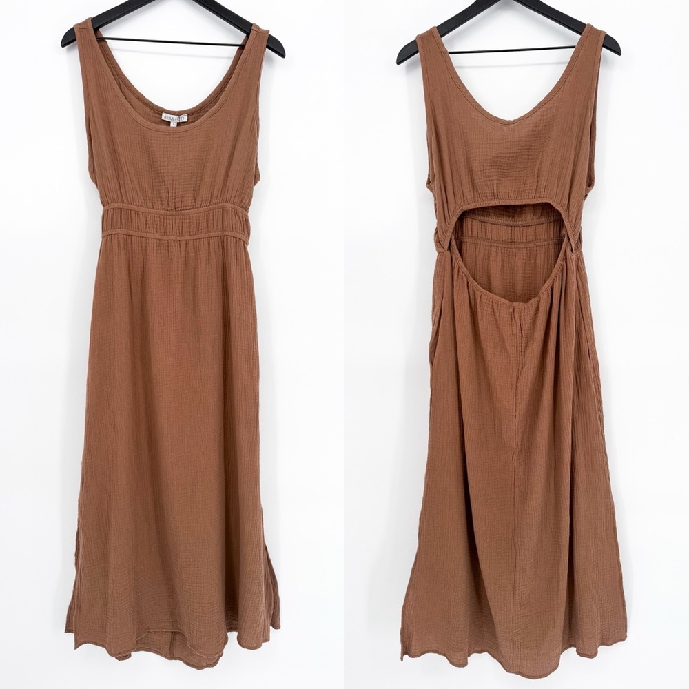 NWT Aemi+Co Midi Cut Out Dress Mocha Brown Cotton Gauze Large - Picture 2 of 15